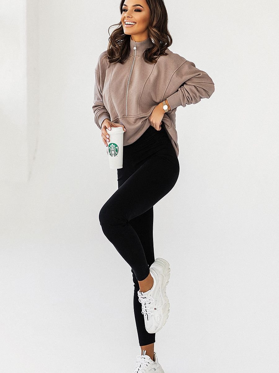 Oversized Zipped Sweatshirt/Turtleneck - Coffee