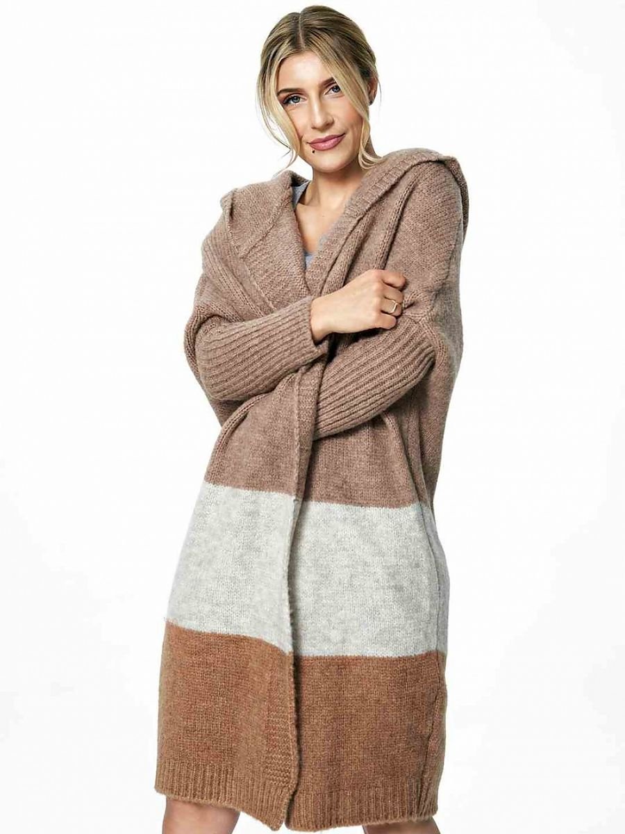 Three Tone Hooded Cardigan - Brown