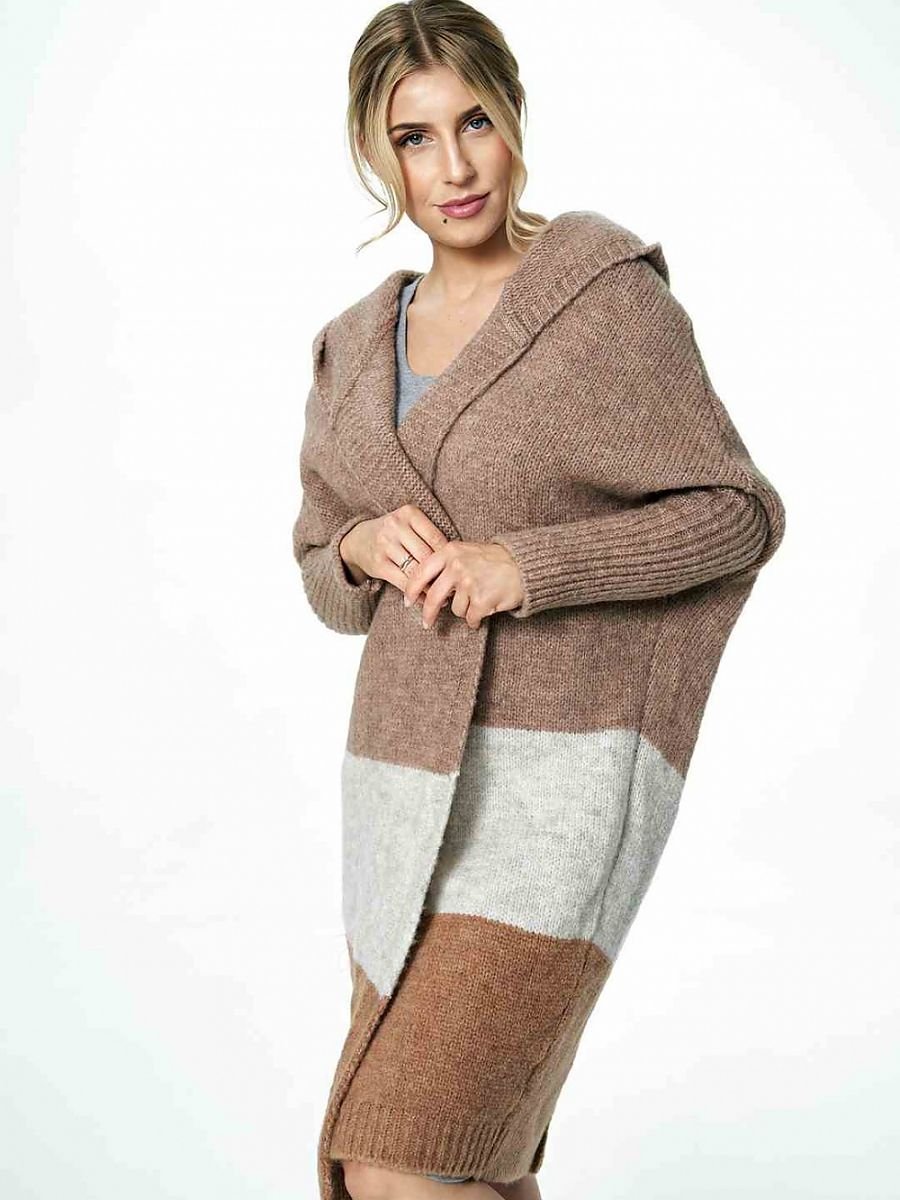 Three Tone Hooded Cardigan - Brown