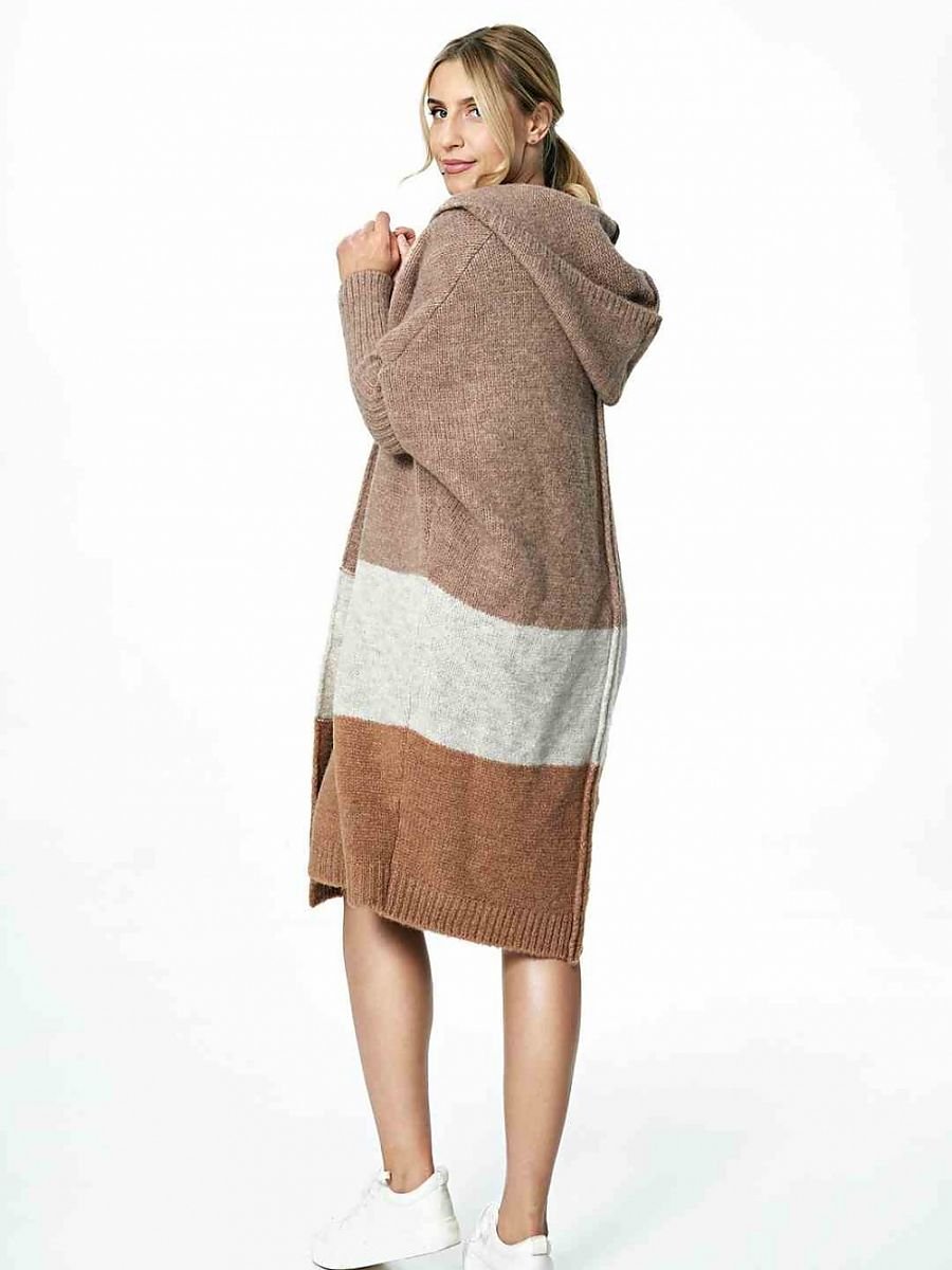 Three Tone Hooded Cardigan - Brown