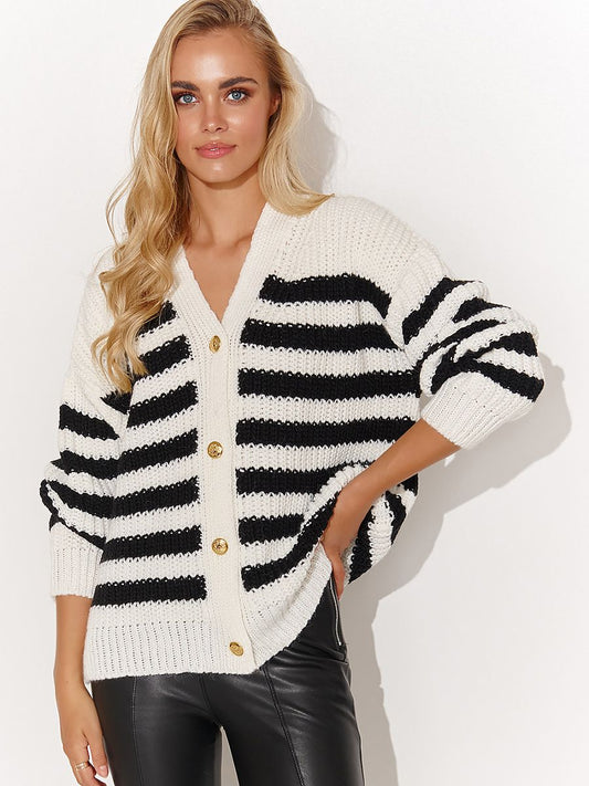 Waist length Cardigan - White and Black Striped